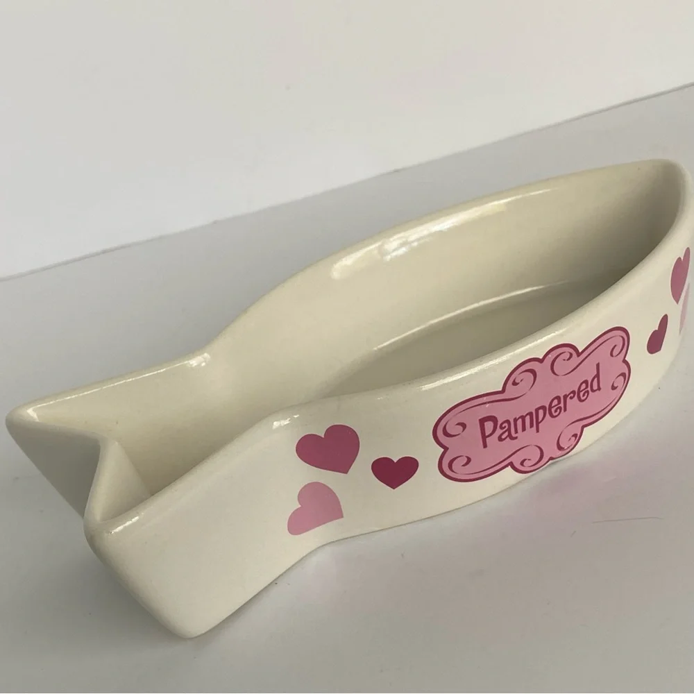 Cat Bowl Fish Shaped Ceramic “Pampered” White Pink. 8” Long Water Food Kitty